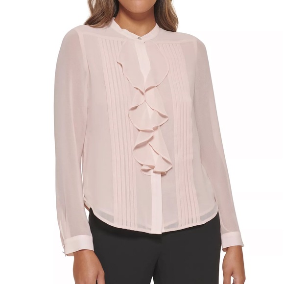 Calvin Klein Tops - Calvin Klein Petite Long Sleeve Ruffle Front Blouse, Blush, Size: X-Large